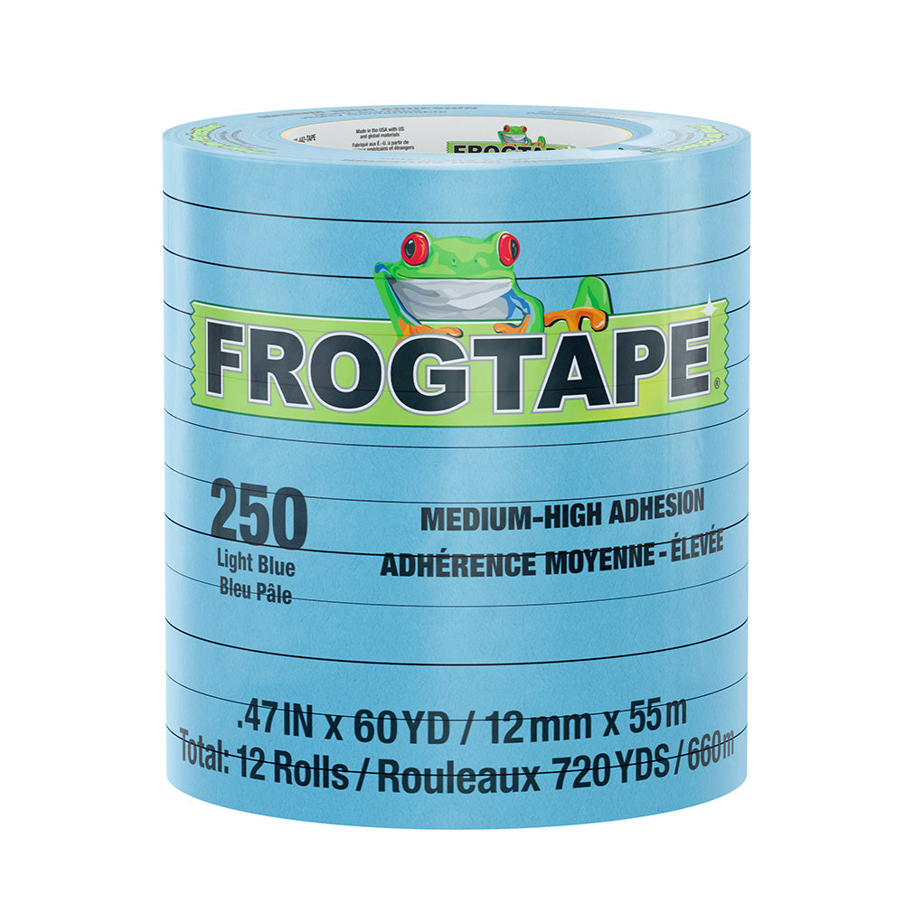 FrogTape CP 250 Medium-High Adhesion Masking Tape - 12MM x 55M x 12-Pack - Light Blue - Rated for 250F