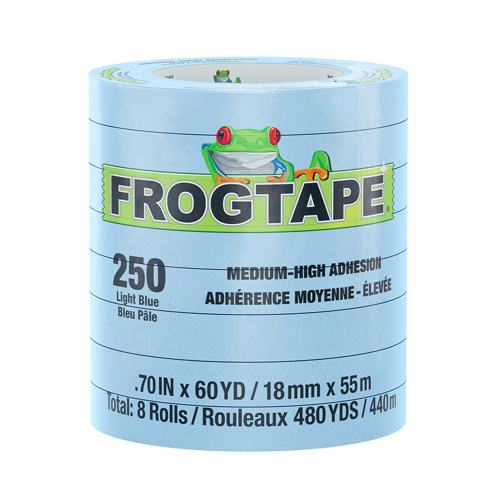 FrogTape CP 250 Medium-High Adhesion Masking Tape - 18MM x 55M x 8-Pack - Light Blue - Rated for 250F