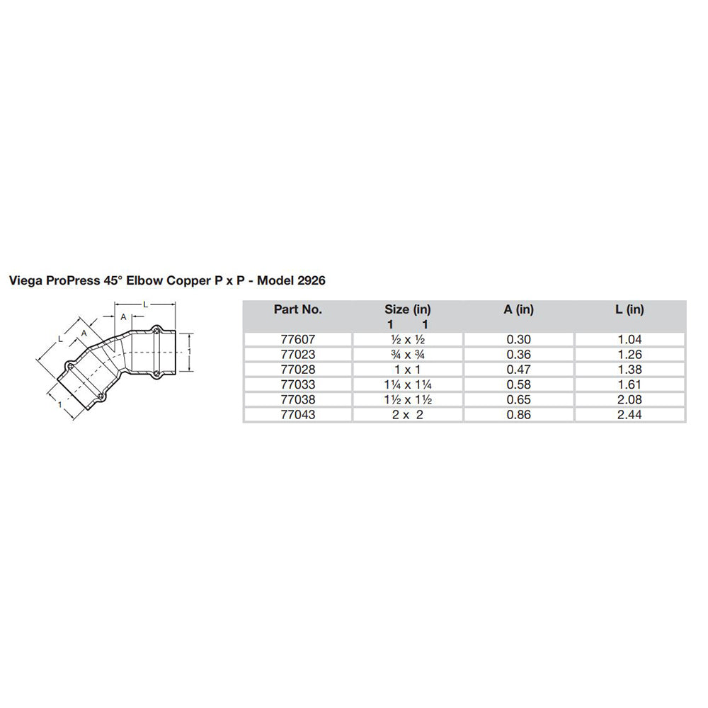 Viega ProPress 1/2" - 45 Copper Elbow - Double Press Connection - Smart Connect Technology