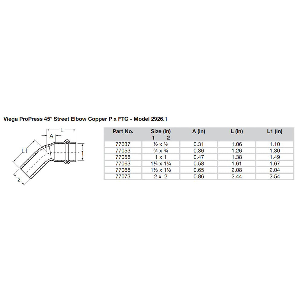 Viega ProPress 1" - 45 Copper Elbow - Street/Press Connection - Smart Connect Technology