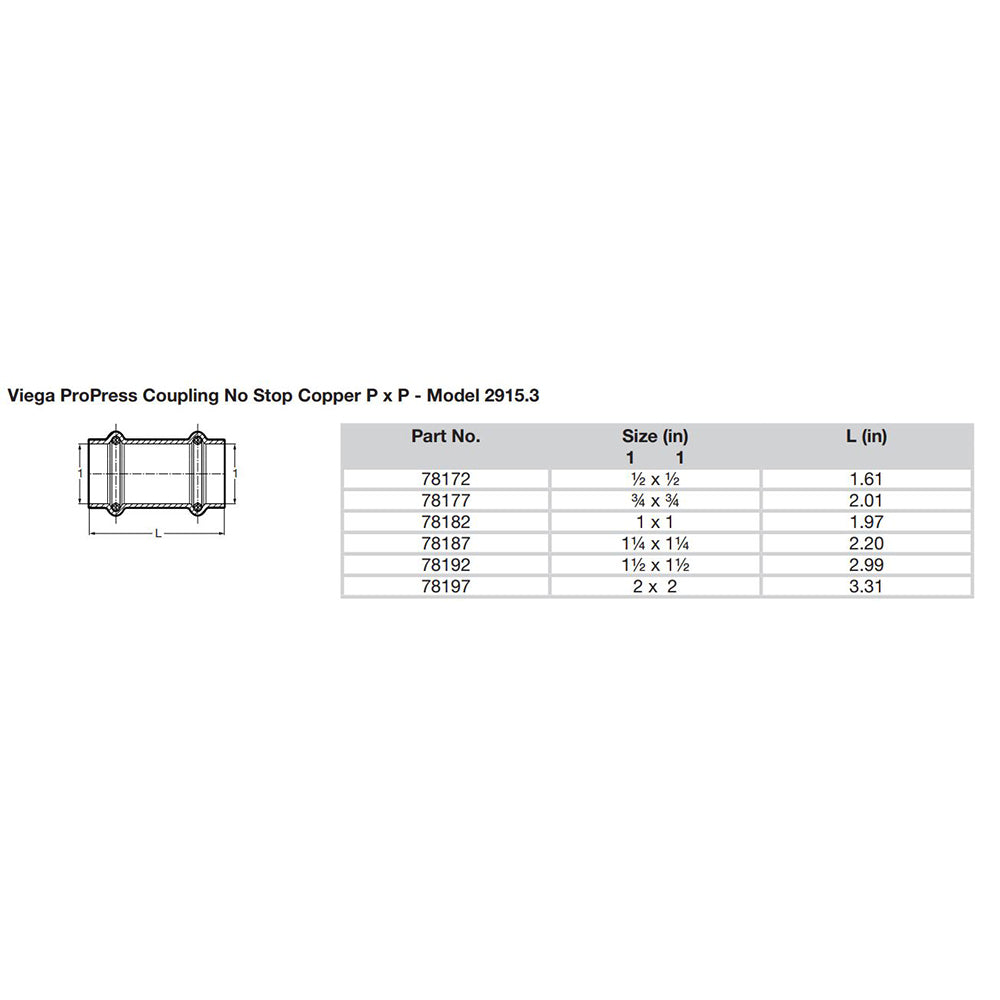 Viega ProPress 1/2" Copper Coupling w/o Stop - Double Press Connection - Smart Connect Technology