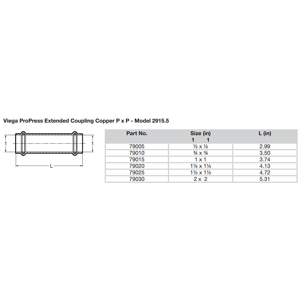 Viega ProPress 1/2" Extended Coupling w/o Stop - Double Press Connection - Smart Connect Technology