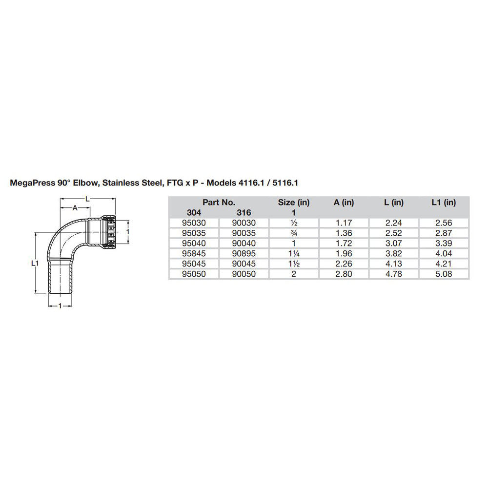 Viega MegaPress 3/4" 90 Stainless Steel 304 Elbow Street - Press Connection - Smart Connect Technology