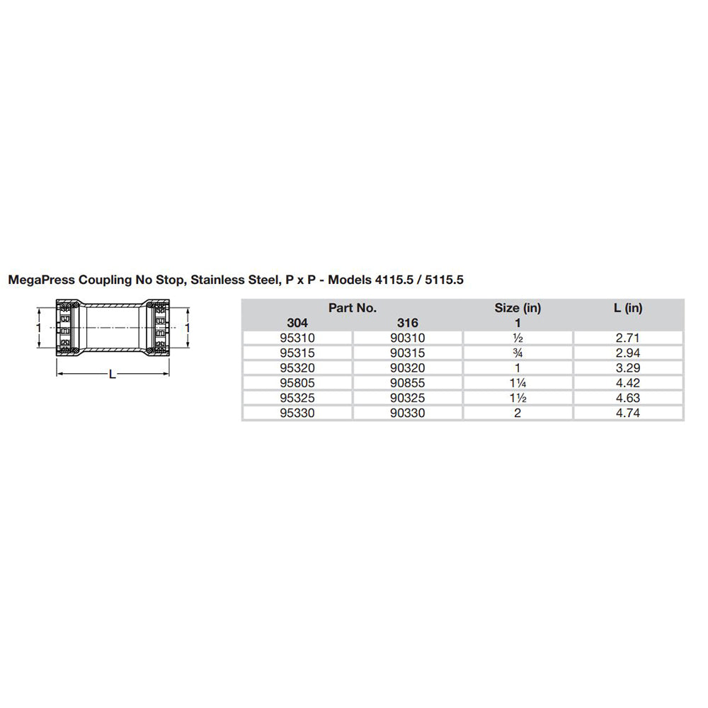 Viega MegaPress 3/4" Stainless Steel 304 Coupling w/o Stop - Double Press Connection - Smart Connect Technology